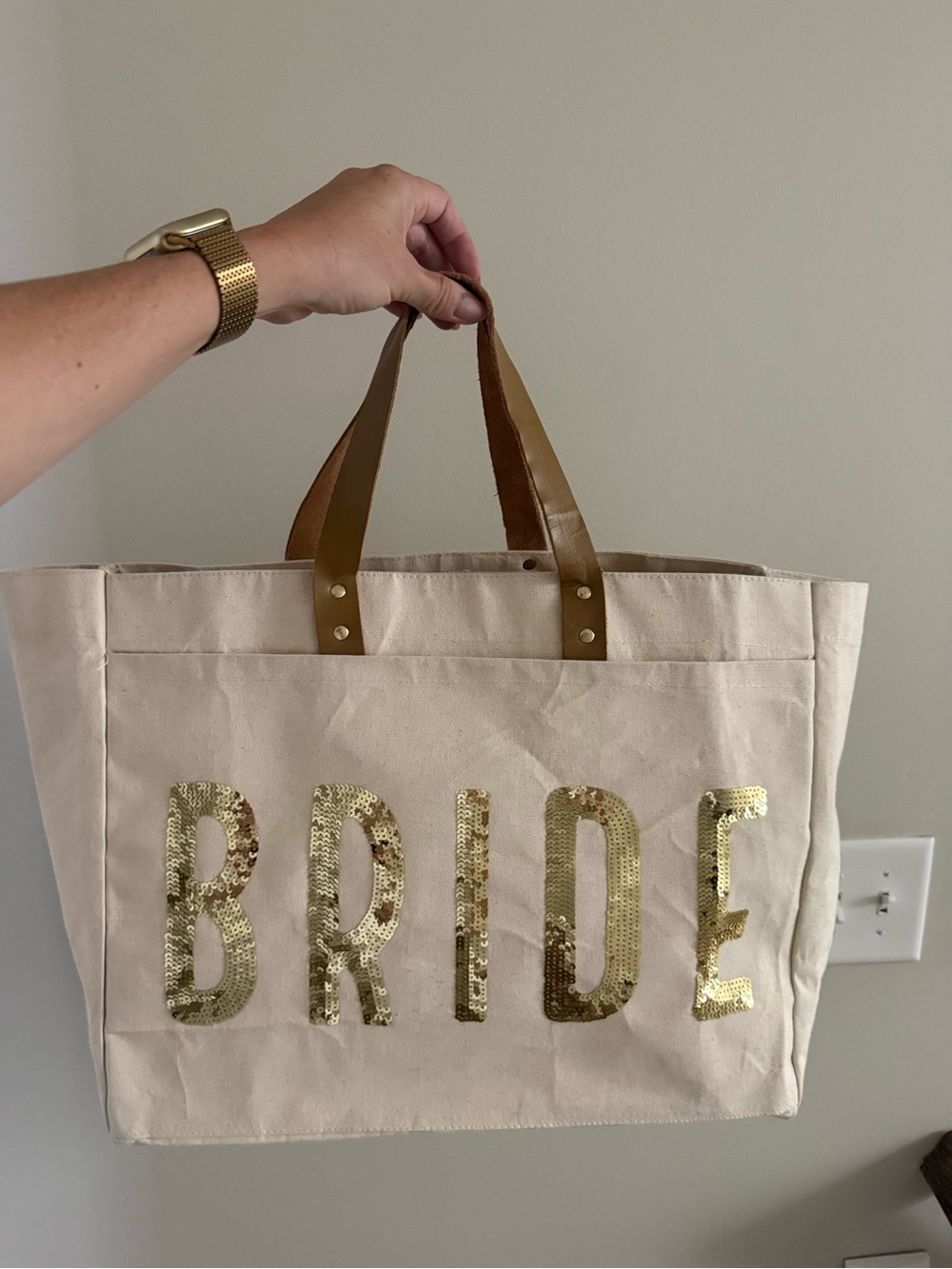 Mud Pie Cream Tote with Gold Sequin BRIDE Letters